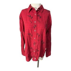 VTG Wrangler Shirt Women’s X Large Long Sleeve Western Red Feathers Button Down
